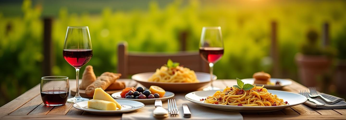 En välarrangerad tallrik med gourmetmat på en vingård i Toscana