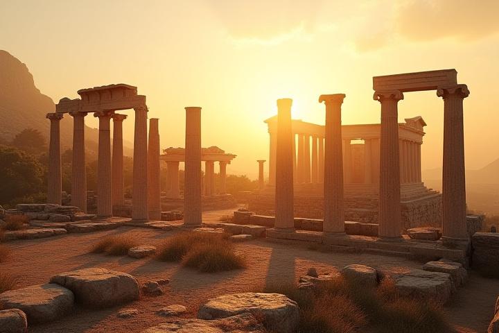 Historiska ruiner i Grekland vid solnedgången