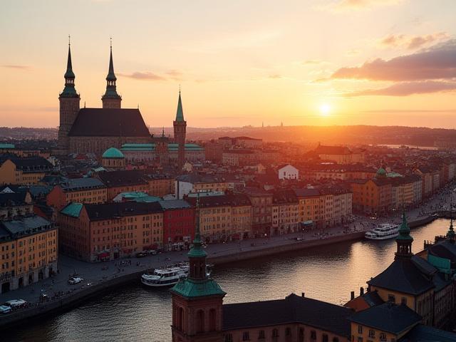 Stockholms skyline med Gamla Stan i förgrunden under solnedgång