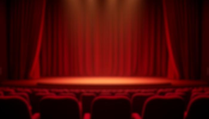 En upplyst teaterscen med sammetsridåer och tomma säten, redo för en föreställning.
